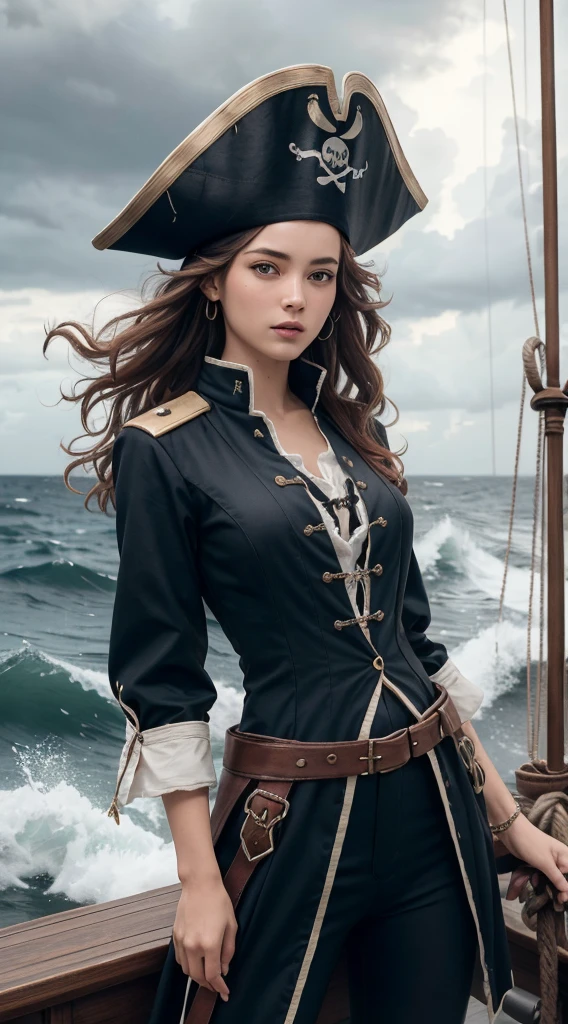 (masterpiece, best quality, award winning, highres), 1 beautiful female pirate, skinny, tall, pirate hat, intricate pirate clothes, intricate and beautiful design, highly detailed beautiful face, wavy hair, detailed flowing hair, standing at helm on pirate ship, pirate ship, storm, rain, rough sea, detailed background, water splash, extremely CG detail, ultra detail