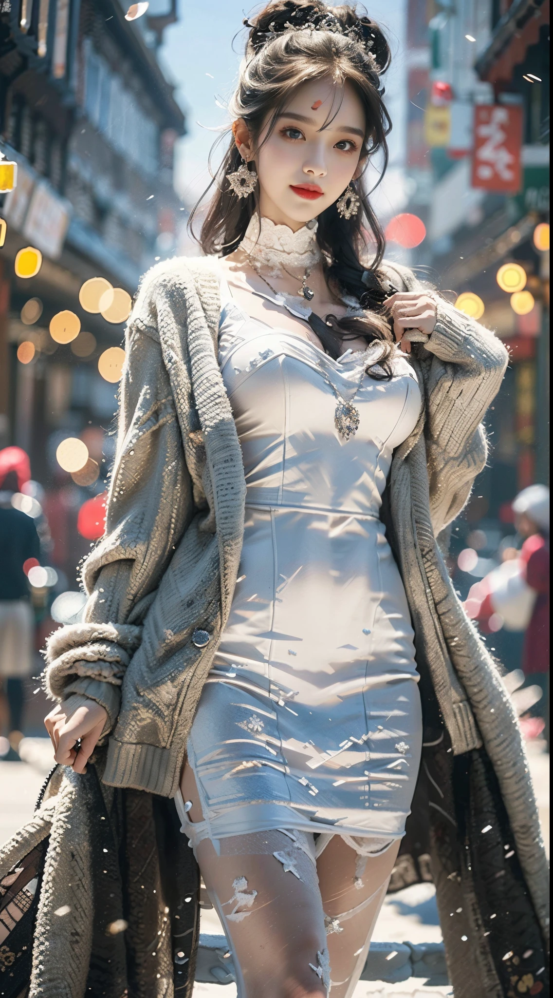 (（Best quality，masterpiece，Ultra-high resolution）)，（Realistically：1.4），(Korean star poster-like)，1 girl，From head to knees，Dynamic poses，Adult Face，Slim，(Smile)，（Shiny skin），（contour，front，dusk），White hair，长White hair，Black eye，（Big cleavage breasts），Top fashion，（（white plush coat）），Lace，(Short skirt)，（snow：1.5，pedestrian mall，Winter city），(Clear eyes)，(clean nose)，(Clear lips)，(White skin)，(Ultra-realistic textile textures)