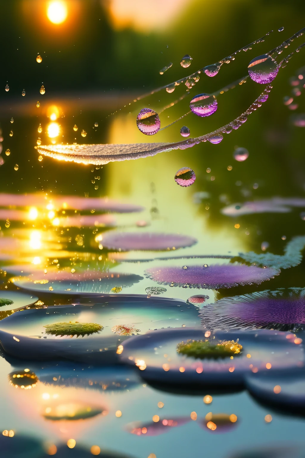 Water raindrops delicately cascade down fern leaves, forming intricate patterns as the sun sets in the backdrop. The vibrant hues of orange, pink, and purple paint the sky, casting a warm and serene glow over the scene. Each droplet reflects the sunset's beautiful colors, adding to the mesmerizing display of nature's beauty in high definition, ultra-detailed 8k resolution. The raindrops' crystal-clear reflections, combined with the sunset's dynamic lighting, create a breathtakingly realistic scenery reminiscent of Monet's Water Lilies masterpiece. ((Watercolor painting)), ((Impressionistic style)), ((V