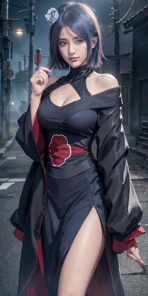(8K,RAW photoest qualtiy),(tmasterpiece),(realisticlying,)(Photorealistic and realistic),(A high resolution),Hyper-detailing,(hentail realism:1.1),beauitful face,
(1female:1.1),Female pervert,(looki at viewer),cowboy lens,jpn,
Xiaonan\(Naruto\),(AKATSUKI OUTFIT:1.1),La Brett piercing,(cleavage:1.5),(Off-the-shoulder attire:1.5),ssmile,Be red in the face,Upper body photo
Dark blue hair,(Flying White :1.5)
profesional lighting、photon maping、physically-based renderingt、
Dark theme, thighs highs, wearing dark blue heels, full figure, full body photo, standing on water, standing on water