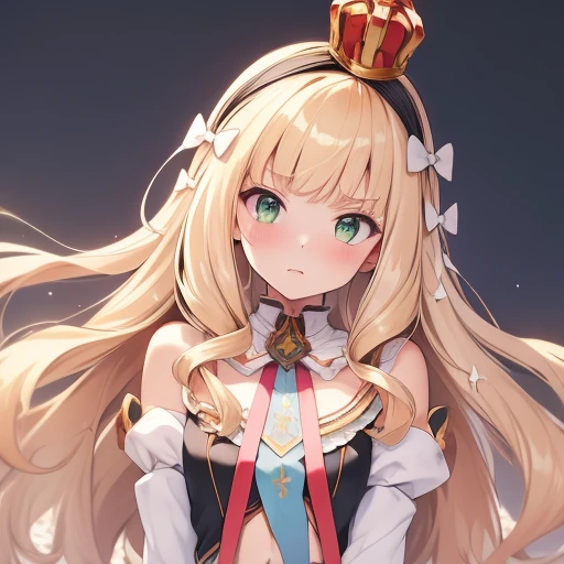 (masterpiece, highest quality:1.2),figure,8k,hd,One girl,alone,upper body,(Portraiture:1.2),blonde_hair,length_hair,green_eye,hairband,mini_Crown,hair_bow,前hair,black_hairband,small_chest,white_bow,very_length_hair,gloves,white_gloves,white_Knee socks,dress,Covered_belly button,independent_sleeve,flat_chest,zettai_ryouiki,independent_collar,full_body,ribbon,