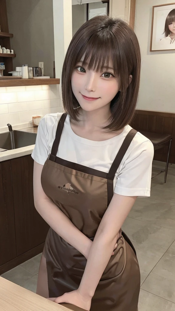 In 8K,highest quality:1.4, Ultra-high resolution:1.5, (Realistic:1.4),masterpiece:1.2,(highest quality:1.4)、 Raw photo、 1Japanese Girls、 cute、Medium :1.5、 (alone:1.8)、kitchen、 (A shy smile:1.3), Smooth skin、30 years old:1.5、Beautiful dark eyes、Natural skin texture:1.3, Realistic eye and facial details:1.8、 (Brown medium hair,bangs), (Touching hair:1.4)、Nogizaka、cute colorful apron、Cafe staff、Flexible fingertips、Beautiful dark eyes、Natural skin texture:1.3, Realistic eye and facial details:1.7、Look at the audience、full body shot:1.8、Beautiful legs、gravure、Attractive girl、Are standing、coffee shop
