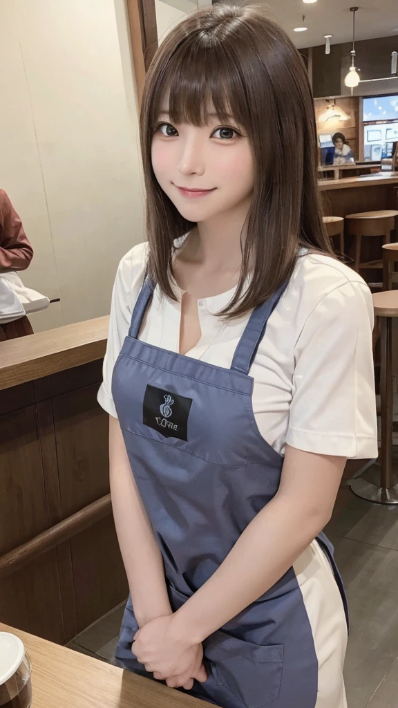In 8K,highest quality:1.4, Ultra-high resolution:1.5, (Realistic:1.4),masterpiece:1.2,(highest quality:1.4)、 Raw photo、 １Japanese Girls、 cute、Medium breast:1.5、 (alone:1.8)、kitchen、 (A shy smile:1.3), Smooth skin、30 years old:1.5、Beautiful dark eyes、Natural skin texture:1.3, Realistic eye and facial details:1.8、 (Brown medium hair,bangs), (Touching hair:1.4)、Nogizaka、cute colorful apron、Cafe staff、Flexible fingertips、Beautiful dark eyes、Natural skin texture:1.3, Realistic eye and facial details:1.7、Look at the audience、full body shot:1.8、Beautiful legs、gravure、Attractive girl、Are standing、coffee shop