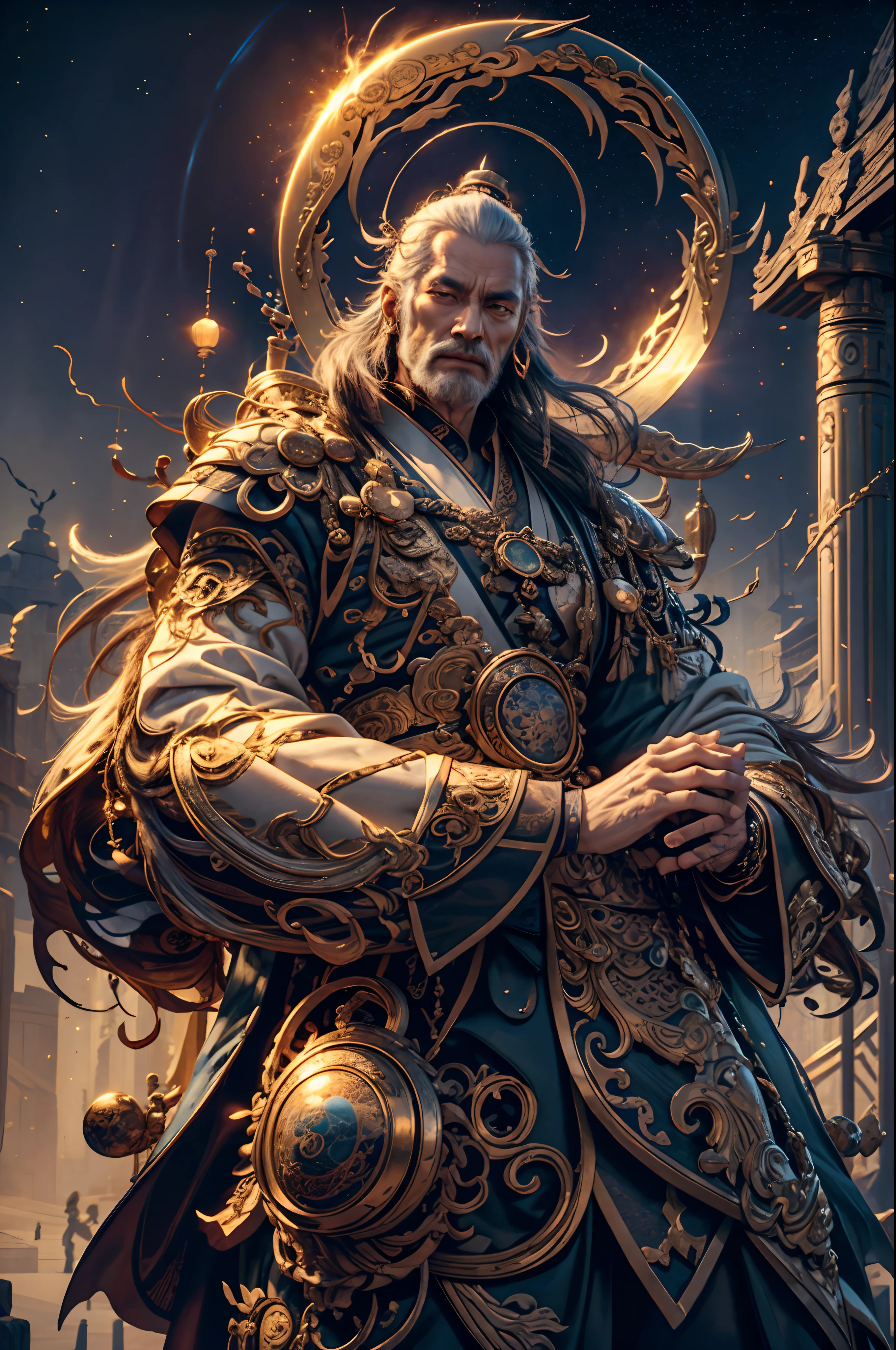 of a guy,Taoist,Meditate,Taijitu,The vast cosmic stars,Older men,wearing a Taoist robe,starlights,fantasy,uncanny,16K quality,Lots of facial detail,Fine composition,SENSE OF CINEMA,Lighting from top to bottom,detail in face,Ultra-detailed