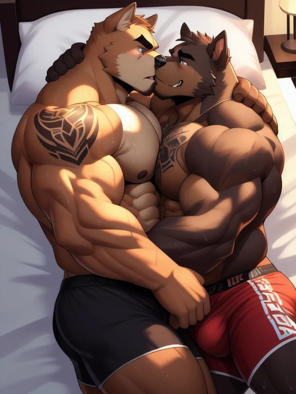 Duo male fighters(Brown Dog vs Brown Dog, handsomes, perfect eyes, Thick eyebrows), beso gay(Cuddling embraced, kissing each other, in a bed match), hot(Full body, shirtless), handsomes(They are handsomes, correct anatomy), musculosos(Big muscle bodies, Six packs, muscle abs, big pecs, muscle legs, muscle backs), sweaty(very sweaty wet bodies), tatuajes(they have tattoos), Angry(They have an angry expression), UFC gloves(They both are wearing UFC gloves), Boxers(They are wearing Black boxers, big bulges), Hight resolution, lying down