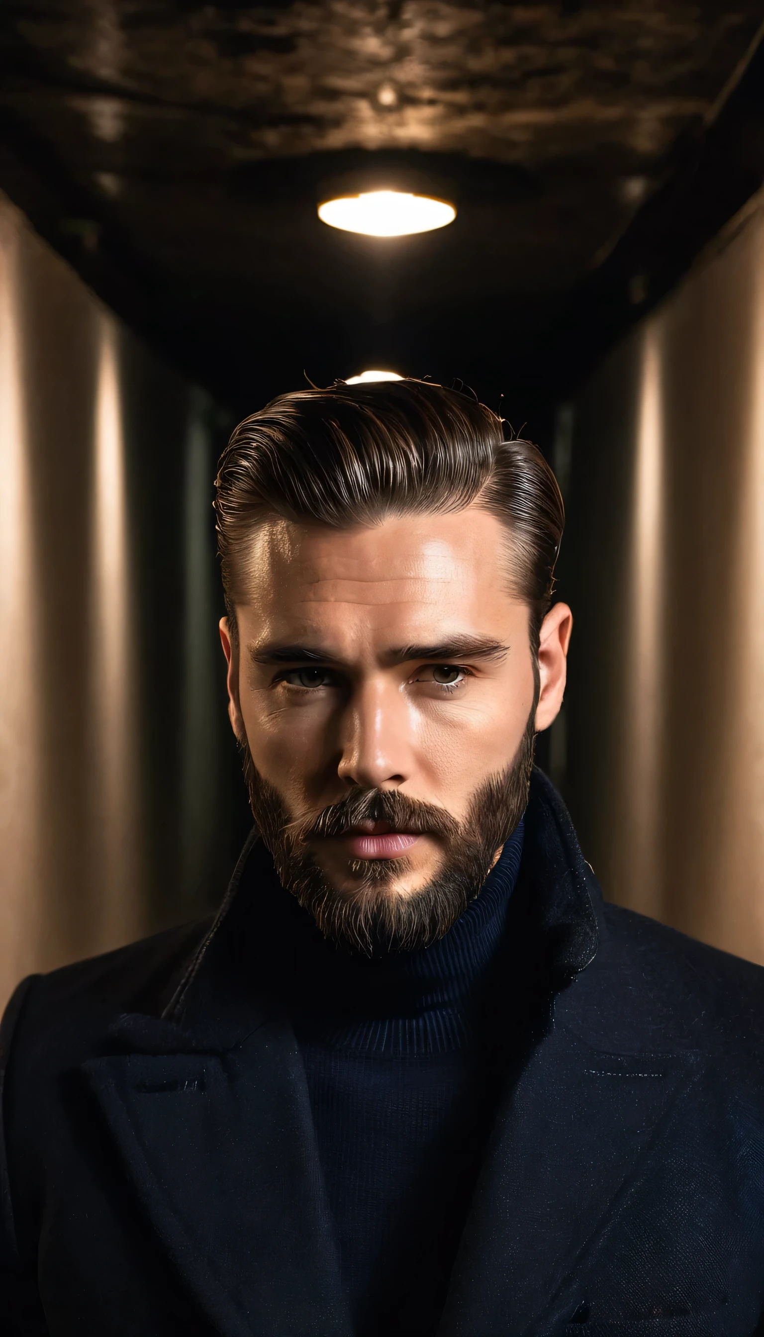 a close up of a man with a beard and a suit, liam, wearing turtleneck, wearing a turtleneck and jacket, masculine jawline, short slicked - back hair, handsome man, angular jawline, sharp jawline with a light beard, slicked-back hair, well defined jawline, short beard with background a dimly lit hallway with two lights above the floor, dark hallway, underground facility, entrance to a dark tunnel, dark train tunnel entrance, dark underground, an empty liminal space, dark hallways, in a dark futuristic room, liminal space hallway, long dark hallway, the scary empty liminal spaces, walks down dark hallway