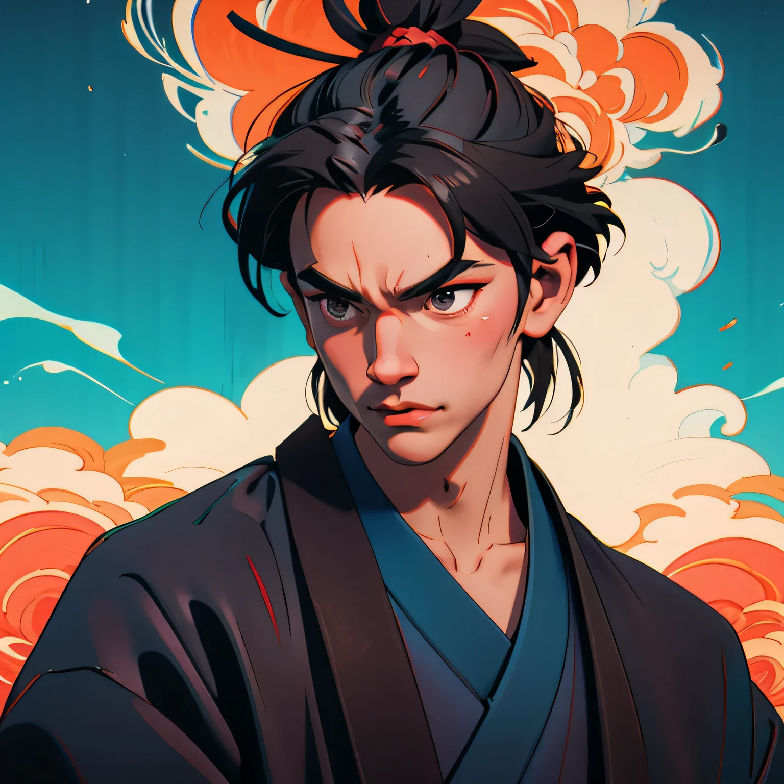Samurai man in front of a Japanese palace 
