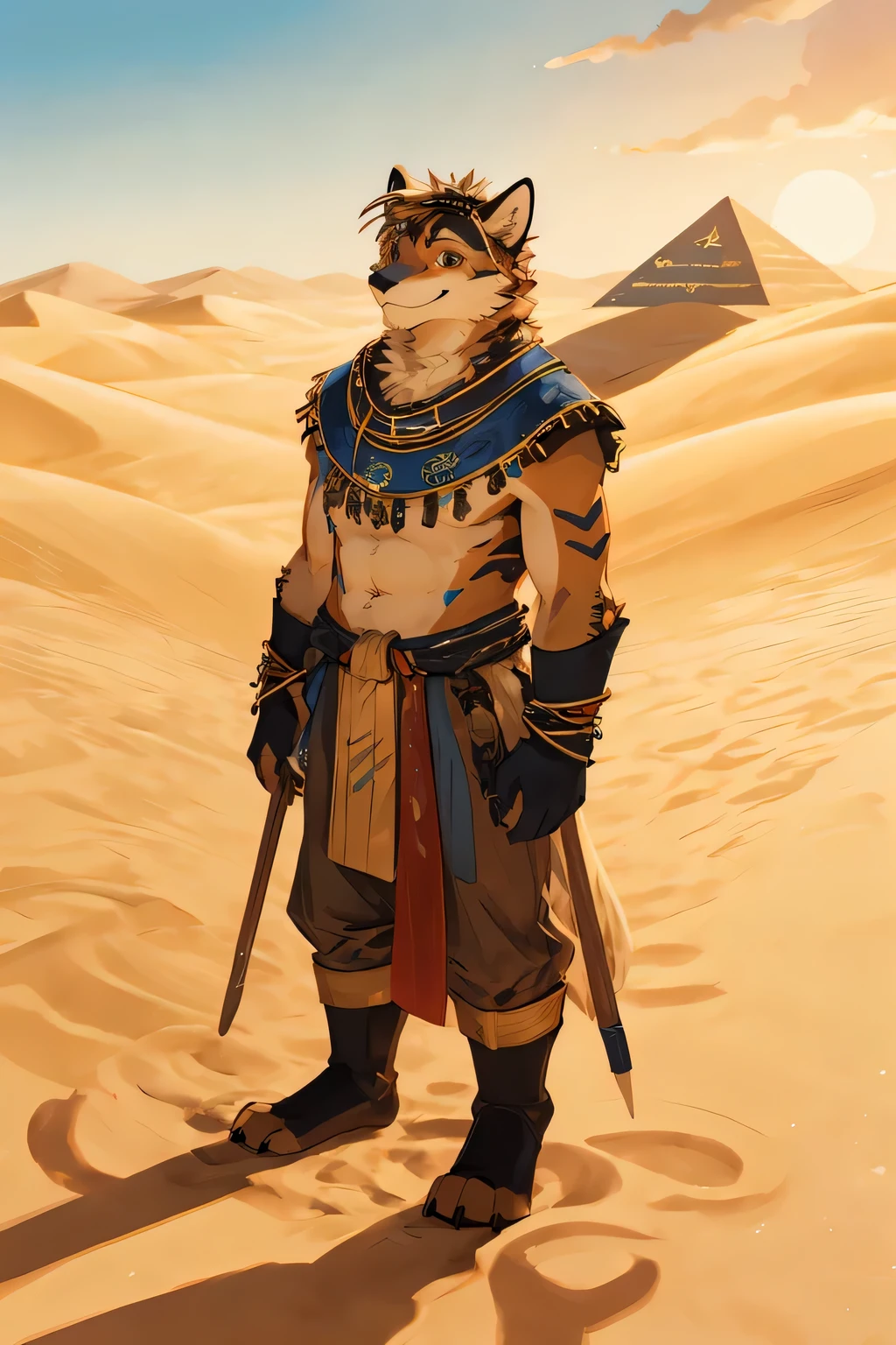 High-quality illustrations, masterpiece, absurdres, super high resolution, detailed background, desert, sand dunes, pyramid, Traditional costumes, Happy, joyful, Relux(Travel photos)perfect anatomy(kemono, furry anthro, National clothing)cinematic lighting, beautiful shadow, dynamic angle,