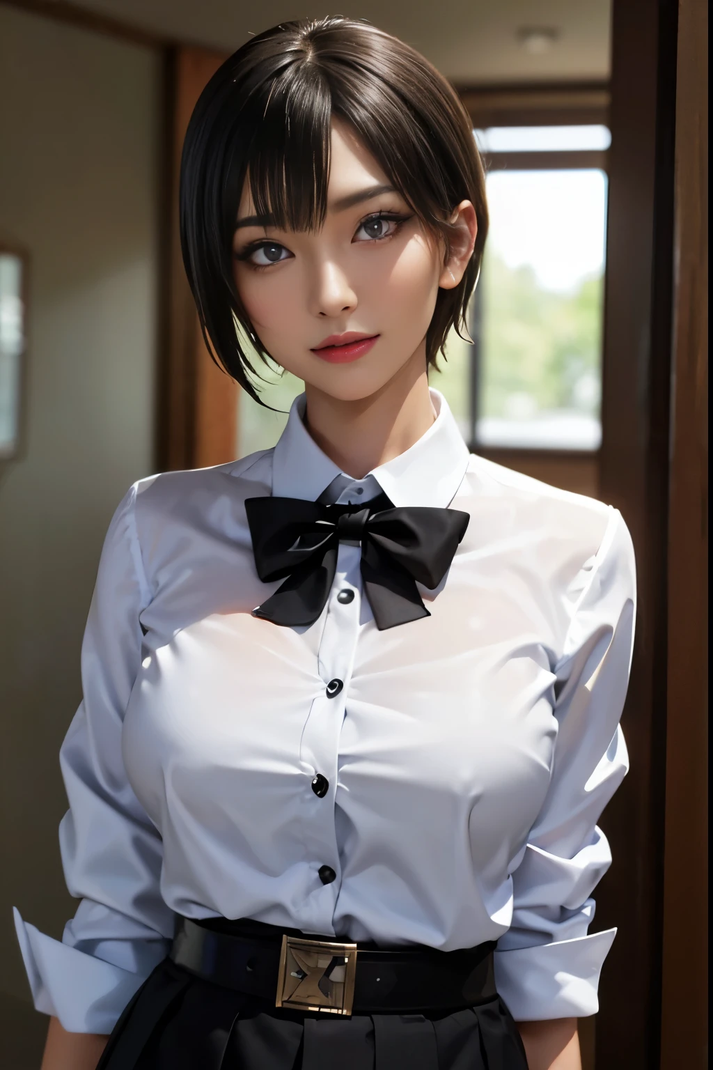 、(Digital art like a movie: 1.3), high quality, mastute pi ece, 最high quality, Super Detail, figure, [4k digital art]、 Indiasug nr, (Sharp focus: 1.5), (Moody lighting:1.2), Depth of written boundary, Bokeh, 4K 、High resolution, Ultra-detailed, Highly detailed CG Unity 8k wallpaper, Realistic, Photorealistic, RAW Photos, 美しくDetailed face, Pale skin, Realistic glowing skin, Detailed cloth texture, Detailed hair texture, Perfect body, Beautiful Face, Acura, Anatomically correct, 非常にDetailed face, Eye and skin texture, Natural neck length, (Beautiful Eyes、Beautiful Hands), (Glowing Skin:1.2), Thin legs, Thin legs, Someone knowledgeable、Detailed face、Detailed Background、 

lipstick、eye make up、mascara、eyeliner、eye shadow、Rainbow color contact special skirt、Tight shirts and skirts、seductive smiling woman)), blurred background、short hair, Detailed face, （Wearing black business clothing rack_Collared shirt cropped jacket，Tic，Tic，Black ruffle skirt，garter belt，Leather Belt） （big, Perfect round breasts，Hourglass-shaped body，Big breasts and small waist，Very small waist，(Black Hair:1.5)