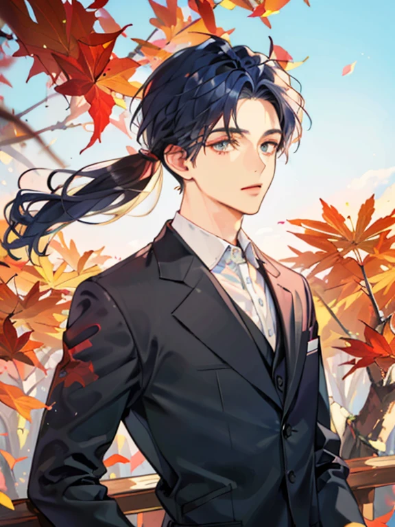 (((masterpiece))),highest quality, autumn, 1 person ,Dark Blue Hair ,