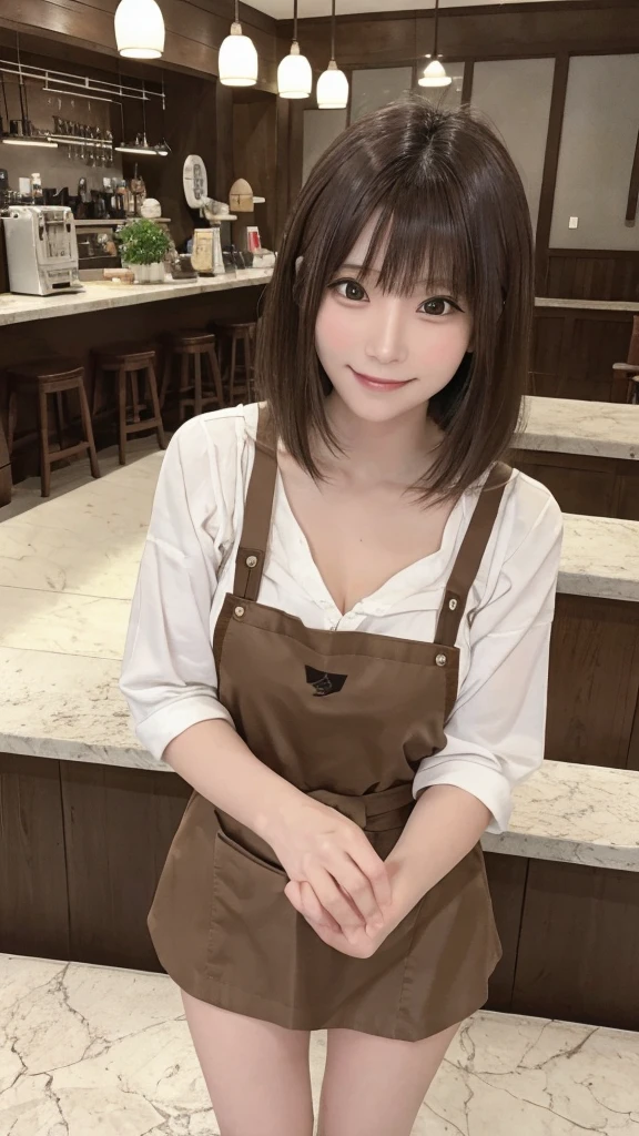 In 8K,highest quality:1.4, Ultra-high resolution:1.5, (Realistic:1.4),masterpiece:1.2,(highest quality:1.4)、 Raw photo、 1Japanese Girls、 cute、Medium breast:1.5、 (alone:1.8)、kitchen、 (A shy smile:1.3), Smooth skin、21 years old:1.5、Beautiful dark eyes、Natural skin texture:1.3, Realistic eye and facial details:1.8、 (Brown medium hair,bangs), (Touching hair:1.4)、Nogizaka、cute colorful apron、Cafe staff、Flexible fingertips、Beautiful dark eyes、Natural skin texture:1.3, Realistic eye and facial details:1.7、Look at the audience、full body shot:1.8、Beautiful legs、gravure、Attractive girl、Are standing、coffee shop