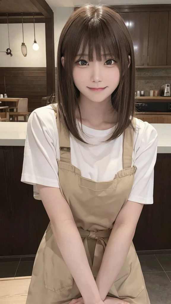 In 8K,highest quality:1.4, Ultra-high resolution:1.5, (Realistic:1.4),masterpiece:1.2,(highest quality:1.4)、 Raw photo、 1Japanese Girls、 cute、Medium breast:1.5、 (alone:1.8)、kitchen、 (A shy smile:1.3), Smooth skin、21 years old:1.5、Beautiful dark eyes、Natural skin texture:1.3, Realistic eye and facial details:1.8、 (Brown medium hair,bangs), (Touching hair:1.4)、Nogizaka、cute colorful apron、Cafe staff、Flexible fingertips、Beautiful dark eyes、Natural skin texture:1.3, Realistic eye and facial details:1.7、Look at the audience、full body shot:1.8、Beautiful legs、gravure、Attractive girl、Are standing、coffee shop