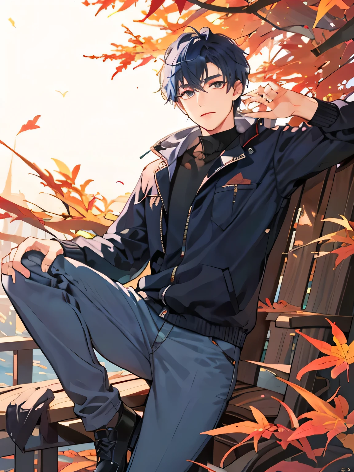 (((masterpiece))),highest quality, autumn, 1 person ,Dark Blue Hair ,