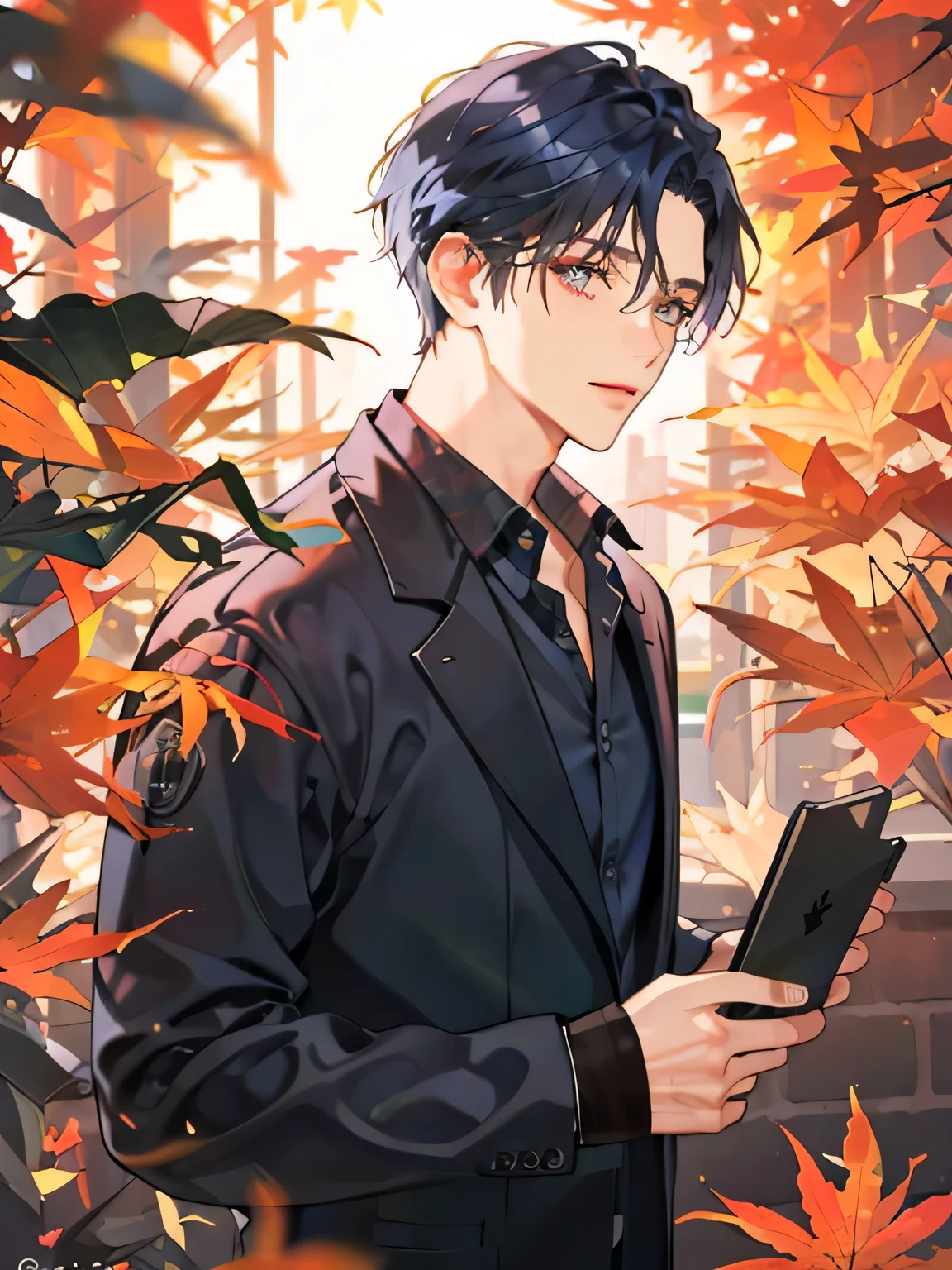 (((masterpiece))),highest quality, autumn, 1 person ,Dark Blue Hair ,