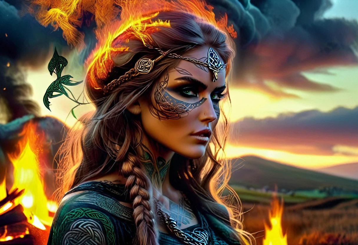 Double exposure Sketch with ink. A beautiful woman In an ancient Celtic Against the background of a huge burning bonfire, mystical Celtic clothes and makeup. Multi exposure. Skulls , Celtic patterns. References to the work of Philippe Vignal . High Resolution, High Quality, Masterpiece, ultra hd, realistic, vivid colors, highly detailed, UHD drawing, pen and ink, perfect composition, beautiful detailed intricate insanely detailed octane render trending on artstation, 8k artistic photography, photorealistic concept art, soft natural volumetric cinematic perfect light,digital rendering. sharp focus, studio photo, intricate details, highly detailed