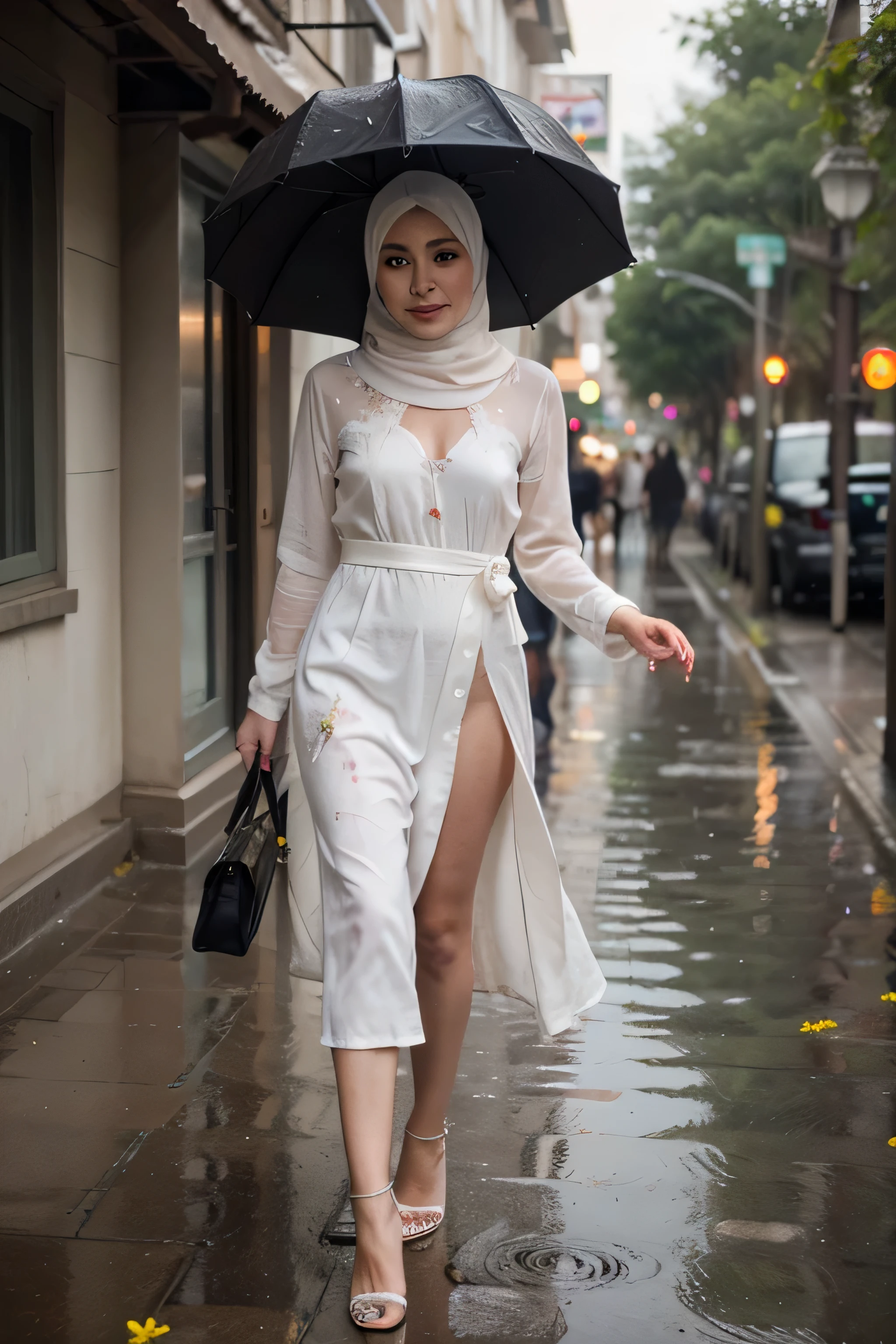 All transparent plastic clothes,  a young sexy beautiful sweet sundanese Bogor city girl, twenty five years old, slim body, very georgeus face, wearing  wet  transparent one layer very thin plastic uncolor  hijab, all her  hairs and ears covered under her hijab, her hairs exposed visible trough her transparent hijab,wearing   transparent one layer thin plastic Indonesian gamis, no underwears, no panty, no bra, standing lean to the wall, all her body are wet, shivering very  limp as being having sex  in the hard  rain on the Bogor city street side walk,  rain drops visible, waters flowing down through all the thing, all her naked body and her  dense hairy very wet vagina exposed visible through her transparent gamis, enjoying being having sex orgasm redish face, open wide mouth, head being limp backwards, being take a deep breath hardly through her mouth, half closed eyes, her eyes turn upwards, realistic normal fingers, wearing wet glasses, wearing expencive high heels,  carrying an expencive hand bag, semi naked, semi nude, 4k, this picture taken using DSLR camera,