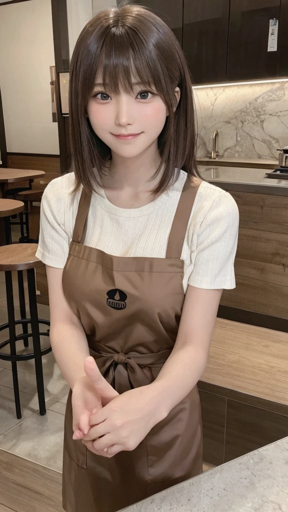 In 8K,highest quality:1.4, Ultra-high resolution:1.5, (Realistic:1.4),masterpiece:1.2,(highest quality:1.4)、 Raw photo、 １Japanese Girls、 cute、Medium breast:1.5、 (alone:1.8)、kitchen、 (A shy smile:1.3), Smooth skin、16 years old:1.5、Beautiful dark eyes、Natural skin texture:1.3, Realistic eye and facial details:1.8、 (Brown medium hair,bangs), (Touching hair:1.4)、Nogizaka、cute colorful apron、Cafe staff、Flexible fingertips、Beautiful dark eyes、Natural skin texture:1.3, Realistic eye and facial details:1.7、Look at the audience、full body shot:1.8、Beautiful legs、gravure、Attractive girl、Are standing、coffee shop