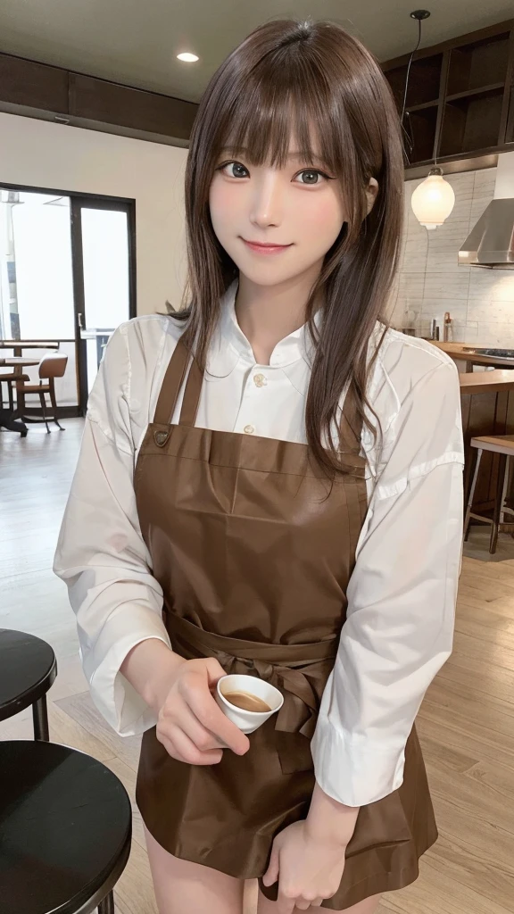 In 8K,highest quality:1.4, Ultra-high resolution:1.5, (Realistic:1.4),masterpiece:1.2,(highest quality:1.4)、 Raw photo、 1Japanese Girls、 cute、Medium breast:1.5、 (alone:1.8)、kitchen、 (A shy smile:1.3), Smooth skin、16 years old:1.5、Beautiful dark eyes、Natural skin texture:1.3, Realistic eye and facial details:1.8、 (Brown medium hair,bangs), (Touching hair:1.4)、Nogizaka、cute colorful apron、Cafe staff、Flexible fingertips、Beautiful dark eyes、Natural skin texture:1.3, Realistic eye and facial details:1.7、Look at the audience、full body shot:1.8、Beautiful legs、gravure、Attractive girl、Are standing、coffee shop