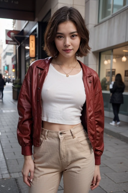top-quality、​masterpiece、超A high resolution、(realisitic:1.4)、Beautuful Women１、Beautiful detail eyes and skin、smile、Light brown short-cut hair, She is Wearing a red jacket and long pants posing for a photo,  gorgeous chinese model, photo of slim girl model, IG-Modell, beautiful female model,  on the street