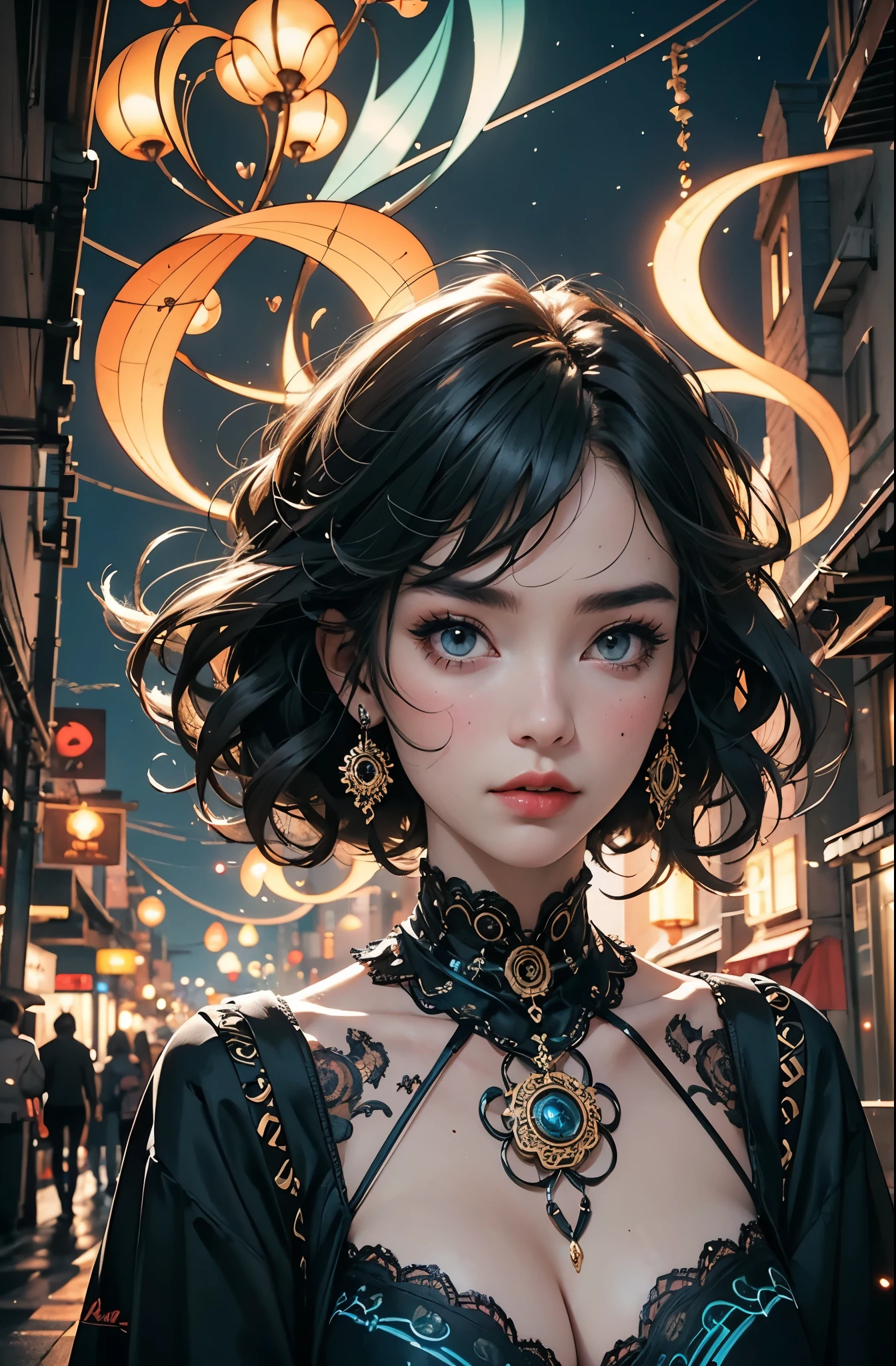 Centered, symmetrical, portrait official art, unity 8k wallpaper, ultra detailed, beautiful and aesthetic, masterpiece, best quality, (zentangle, mandala, tangle, entangle), (fractal art:1.3) , 1girl, extremely detailed, dynamic angle, vivid colours, romanticism, atmospheric, ecstasy of musical notes, streaming musical notes visible. Luminous light. Luminous, 4K, highly detailed Cyberpunk alley at night.