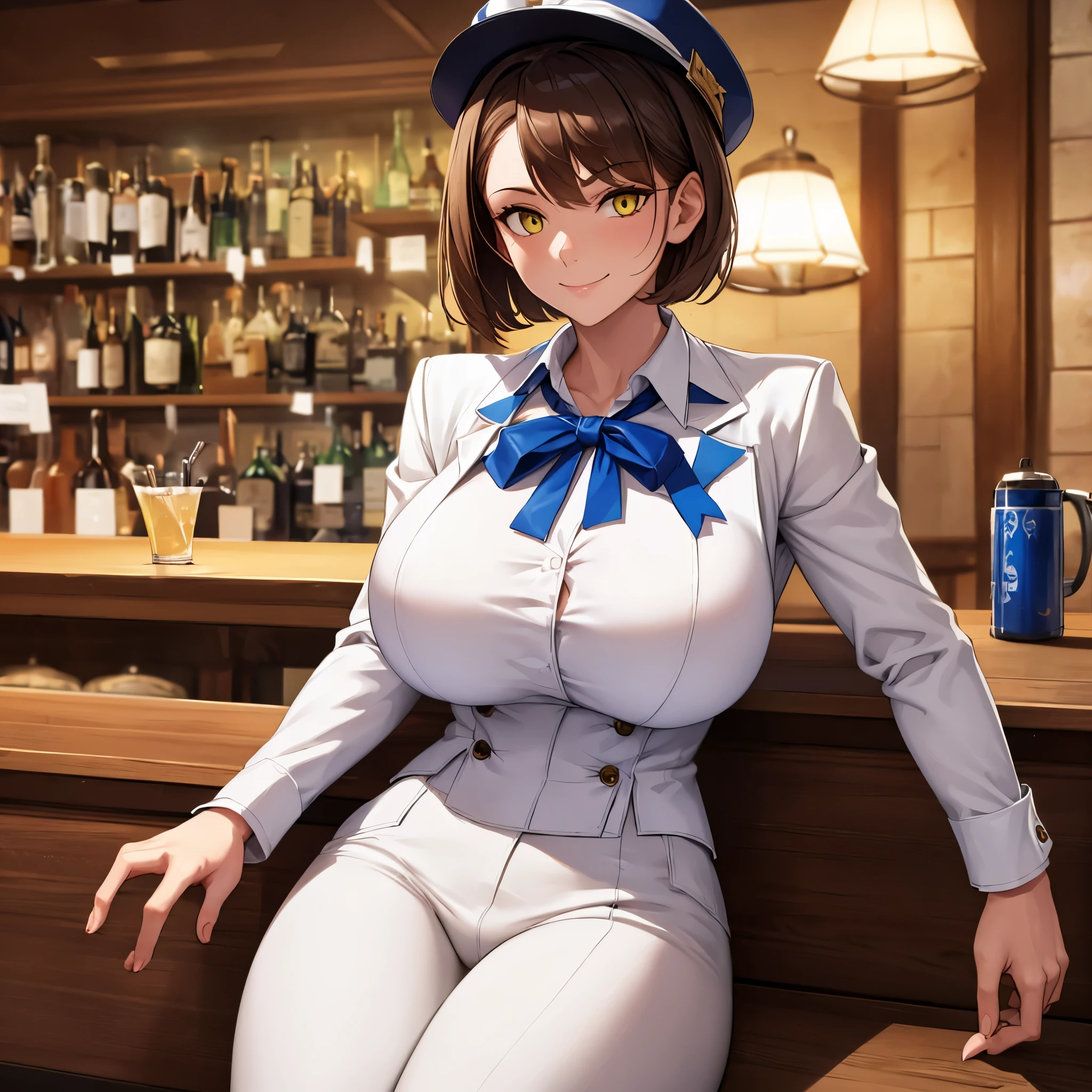 A woman wearing a white suit, white pants, blue shirt, white women's shoes, white classic hat, sunglasses, short brown hair, smiling, in a bar at night, luxurious lighting, benches, table, drink in the background, yellow eyes, blur effect deep, big chest..HDR, ultra resolution, well defined, masterpiece, 8K HD. (solo woman)
