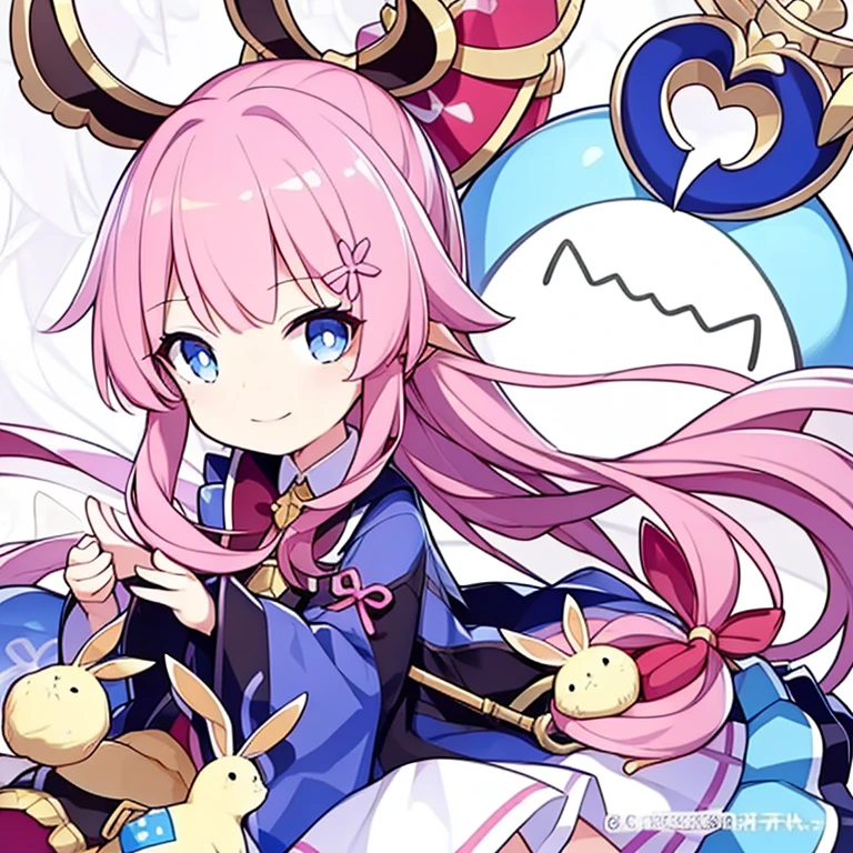 One girl, animal ears, Pink Hair, Long Hair, Rabbit, Open your mouth, smile, Rabbit ears, bow, alone, White Background, dress, pantyhose, wall, blue eyes, Displaying the viewer, :is, whole body, Simple Background, Manicure, Striped, Holding, Raise your arms, hair accessories hair by, Long sleeve, ふくらんis袖, Watercolor footwear, shoes, blue footwear, Jump, animal, blush, Argyle, star (symbol), Holding a walking stick, とてもLong Hair, ribbon,