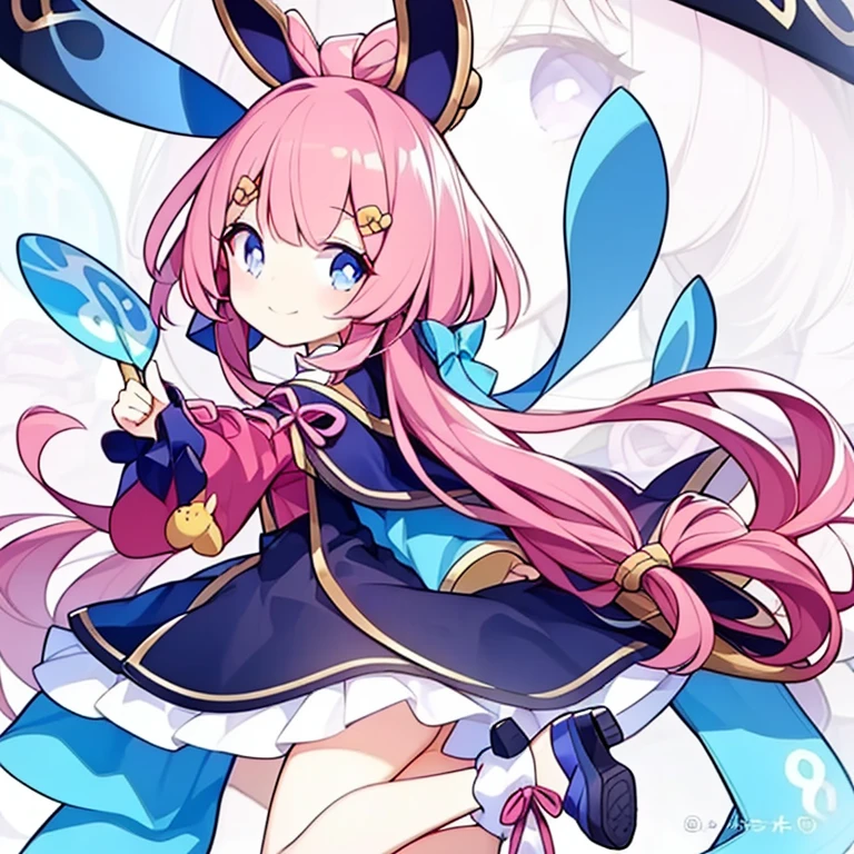 One girl, animal ears, Pink Hair, Long Hair, Rabbit, Open your mouth, smile, Rabbit ears, bow, alone, White Background, dress, pantyhose, wall, blue eyes, Displaying the viewer, :is, whole body, Simple Background, Manicure, Striped, Holding, Raise your arms, hair accessories hair by, Long sleeve, ふくらんis袖, Watercolor footwear, shoes, blue footwear, Jump, animal, blush, Argyle, star (symbol), Holding a walking stick, とてもLong Hair, ribbon,