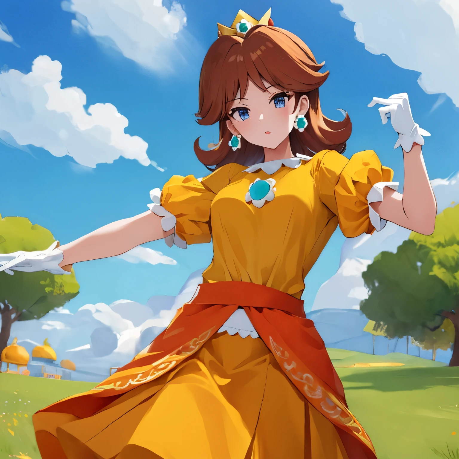 (masterpiece, best quality:1.2), 1girl, solo, Daisy, yellow top with puffed sleeves and an orange skirt, white gloves, crown with orange detailing, bangs, cowboy shot, plains, blue sky, clouds, trees, looking at viewer