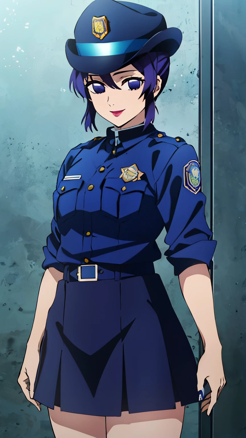 (Top Quality, 8K, High Resolution, Masterpiece: 1.2), Anime Art Style, Shinobu Kocho, 1 Girl, Perfect Face, Perfect Eyes, Soft Expression, Medium Breasts, Purple Hair, Natural Lips, Short Hair, Pretty Parted bangs, purple eyes, narrow eyes, large butterfly hair clip, ((Police officer, light blue police uniform, police hat, tight skirt, smile, cowboy shot)), viewer appreciation,