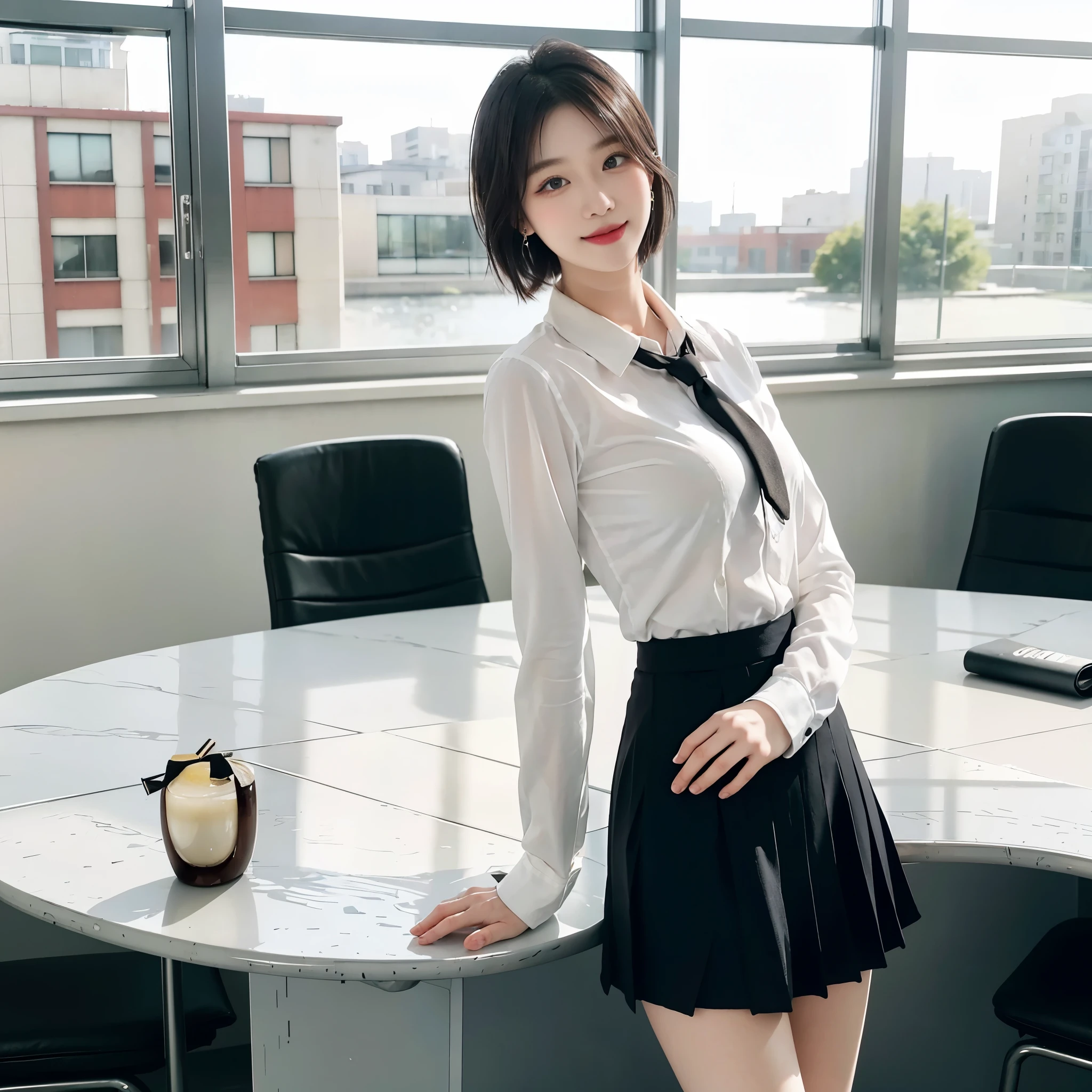 8k original photo, high resolution, 21 years old cool Korean with round breasts, , tie, tie ribbon, suit, skirt, Beautiful eye details, Long eyelashes, Beautiful double eyelids, Eyeshadow, Squint your eyes, Three white eyes, Dark eye makeup, Smile, Beautiful slender legs, short hair tied at the back, earrings, School Staff Room