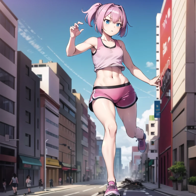 giantess, 1 rapariga, running, Exercising, Pleasure, blue eyes, Wearing pink sportswear that shows off her cleavage, Wear black yoga pants underneath, stomach, navel, Long legs, Tightens abs, No chest leakage, Super huge high school girl bigger than a city, crash city, tiny city, ((destroyed city)), micro city, Trying to crush a miniature metropolis, Background on the street, (((The Girl Who Crushes the City))), skinny pants, gym room, big assa, city, Sweat, Falling sweat, giga giantess, huge craters, ravines, cracks in the ground, earthquak, null, blue sky, City, ((shiranui_kantaicollection)), pink_hair, short_hair, ponytail, blue_eyes, anime, anime style, best quality, masterpiece, highres