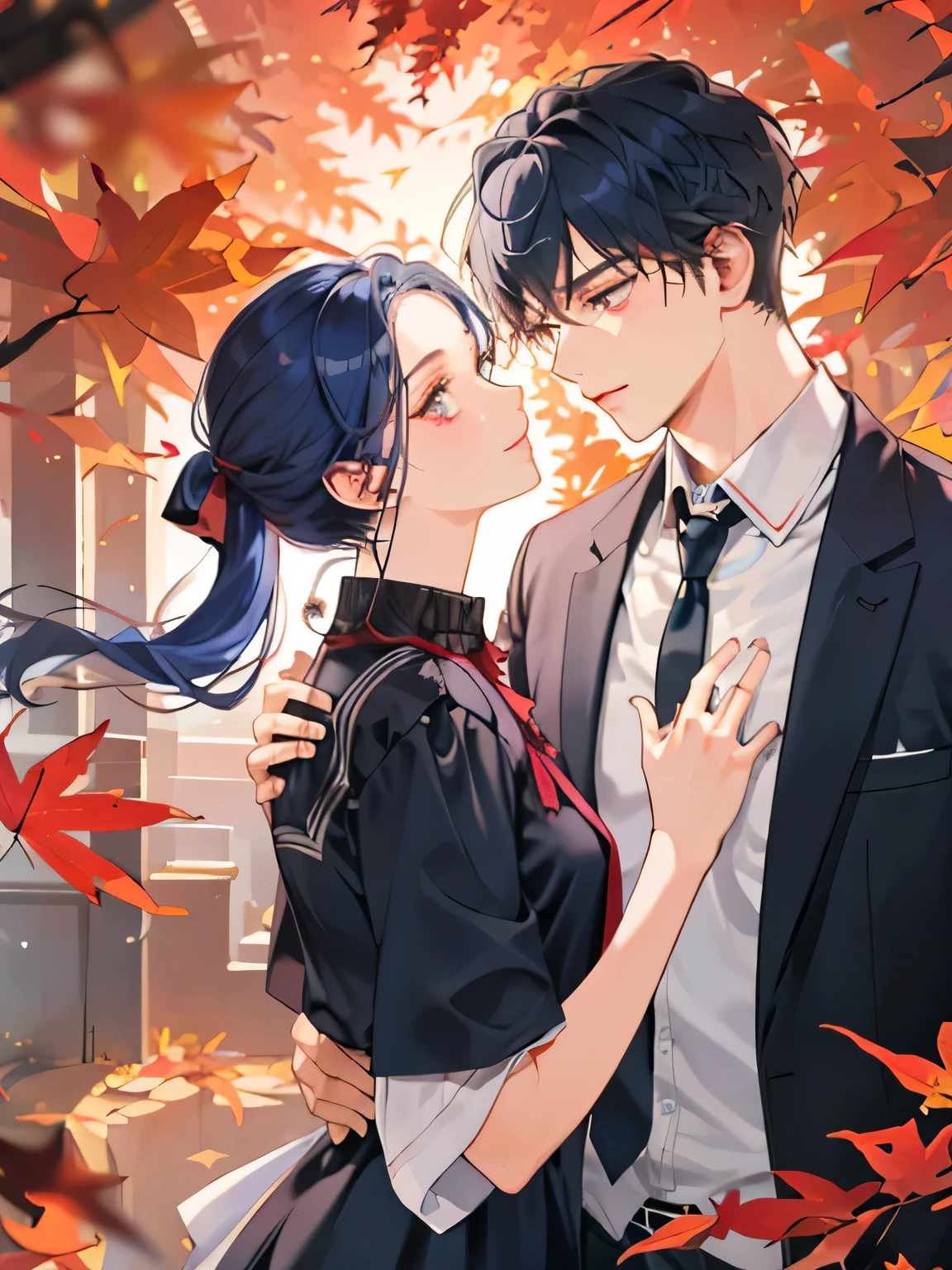 (((masterpiece))),highest quality, autumn,Couple,1 adult male ,1 adult female,Dark Blue Hair ,