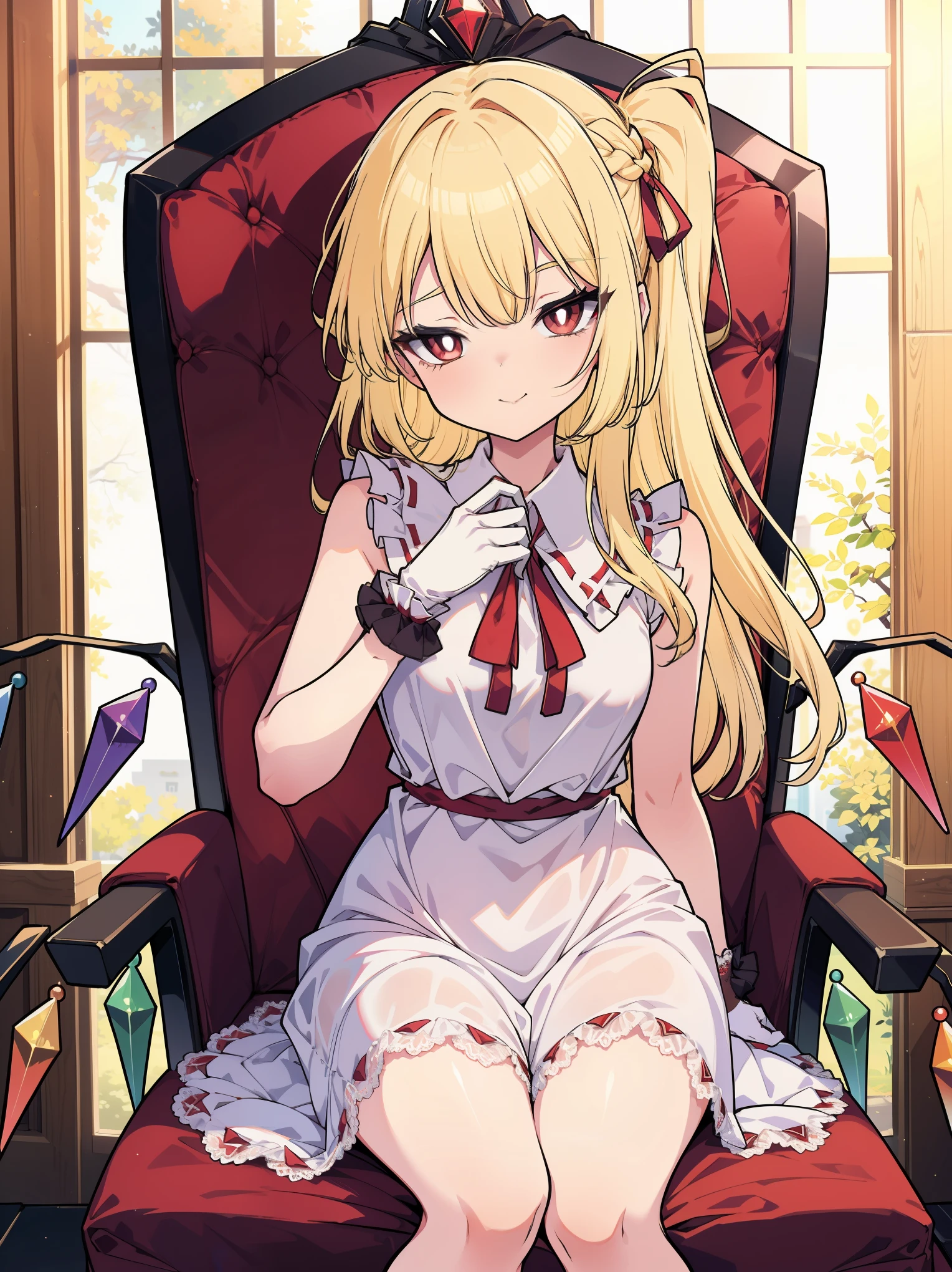 (cowboy shot), (colorful:1.1), (ultra-high resolution, depth of field:1.2), (Flandre scarlet), (1woman), (adult), in her 20s, Touhou project, (medium breasts), (red eyes), white pupils, glowing eyes, blonde hair, wavy hair, (long hair:1.1), (french braid), red ribbon, white gala dress, (wearing a gala dress:1.2), frills, (long white lace gloves), seductive smile, (elegant ballroom scenery), dim lighting, sitting on an elegant chair