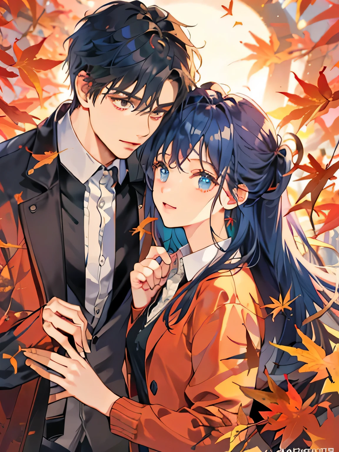 (((masterpiece))),highest quality, autumn,Couple,1 adult male ,1 adult female,Dark Blue Hair ,