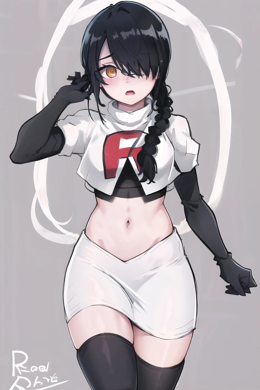 nayuta, ringed eyes, red eyes, single braid, (hair over one eye), black hair, looking at viewer, :o, blush, simple background, team rocket,team rocket uniform,white skirt,red letter R,crop top,black thigh-highs,black elbow gloves