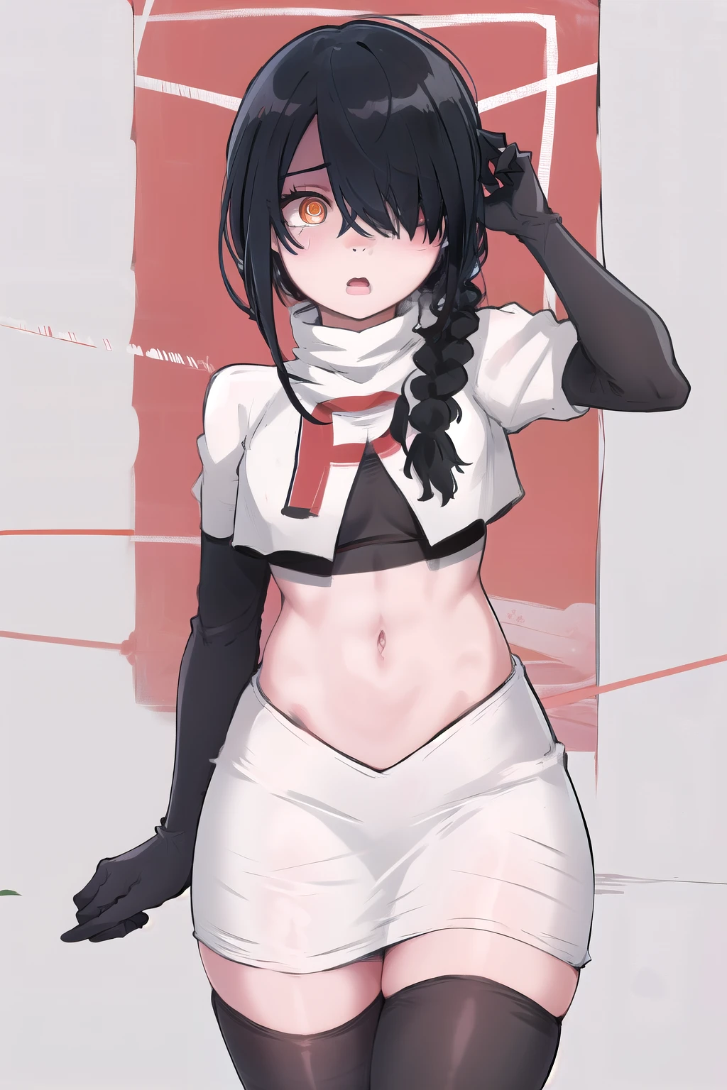 nayuta, ringed eyes, red eyes, single braid, (hair over one eye), black hair, looking at viewer, :o, blush, simple background, team rocket,team rocket uniform,white skirt,red letter R,crop top,black thigh-highs,black elbow gloves