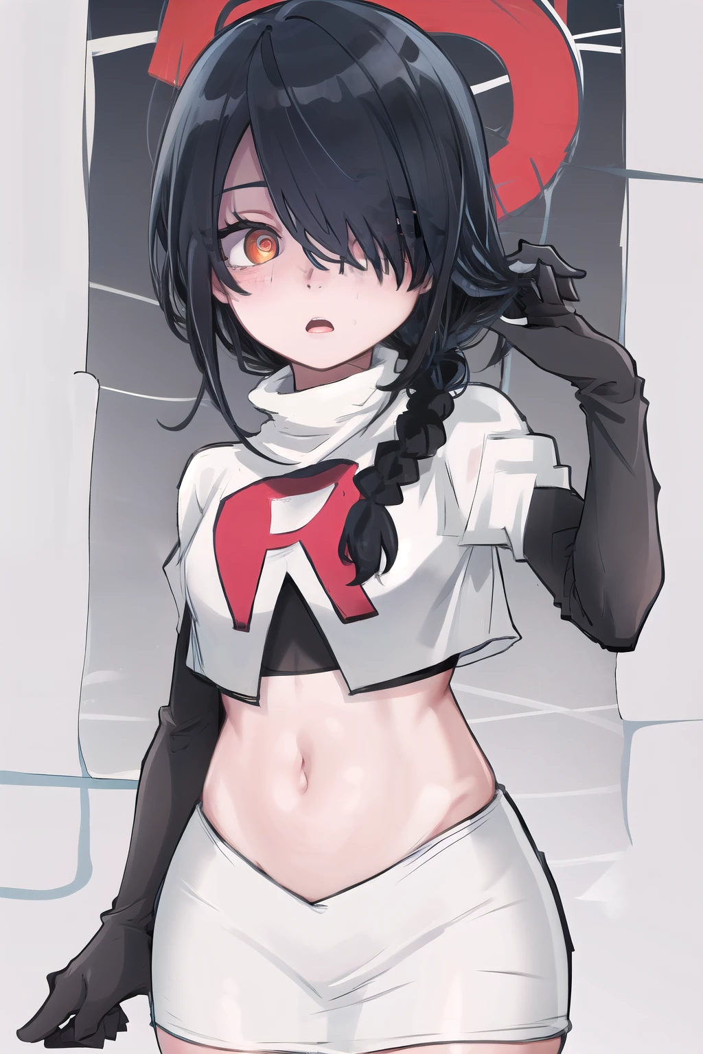 nayuta, ringed eyes, red eyes, single braid, (hair over one eye), black hair, looking at viewer, :o, blush, simple background, team rocket,team rocket uniform,white skirt,red letter R,crop top,black thigh-highs,black elbow gloves