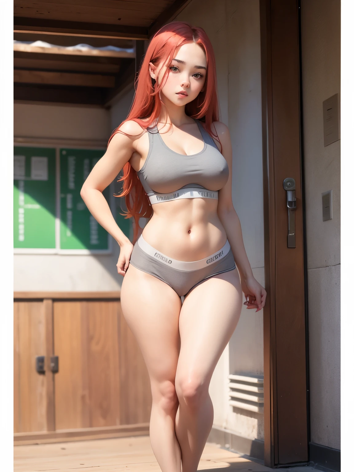 age redhead girl,full body view, fiery red long straight hair, big vivid green eyes, big breasts, small pink pointy nipples, fit but not cut body, curvy butt, wearing grey sports bra, grey yoga pants, thigh gap, camel toe, innocent seductive expression
