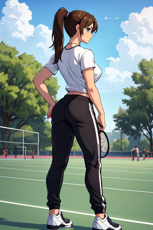 Masterpiece, high resolution, high quality, intricate details, anime girl, full body portrait, back view, 36 year old woman, attractive woman, mature face, mature beauty, brown hair, short ponytail, blue eyes, athletic body, medium breasts, curvy hips, arrogant smile, ((Wearing: White Gym T-shirt, Black Gym sweat pants, whistle necklace and black tennis shoes)), standing, hands on hips, looking from behind, (Background: outdoors, middle school track field, blue sky, clouds in the sky),
