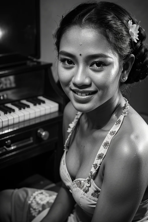 balinese singer, bali traditional clothes, oldies, vintage, 1940s photo, close up, smile, music poster, studio photo, black and white