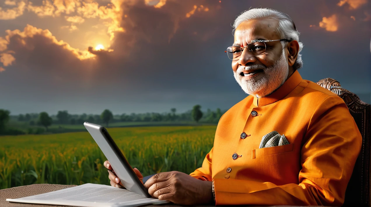 (realistic:1.3), finely detailed, quality, rembrandt lighting, (masterpiece:1.2), (photorealistic:1.2), (best quality), (detailed skin:1.3), (intricate details), dramatic, ray tracing, (Meadow, Sun, Clouds, Field, Farming, Starlight,( sitting ),Prime Minister of india Narendra Modiji dressed up a Orange Kurta and pajama,Smile in face, Playing Free fire on tablet, sitting in the chair and table where Indian flag is sitauted, Ultra quality, show proper details
