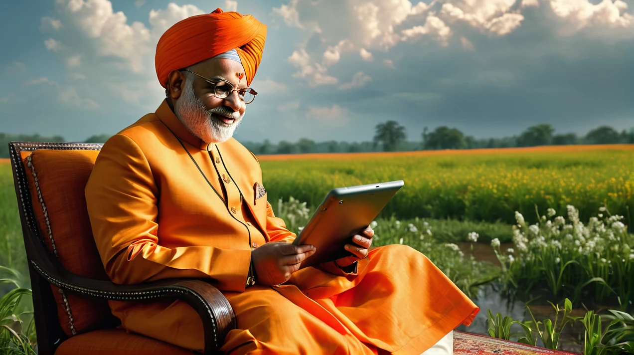 (realistic:1.3), finely detailed, quality, rembrandt lighting, (masterpiece:1.2), (photorealistic:1.2), (best quality), (detailed skin:1.3), (intricate details), dramatic, ray tracing, (Meadow, Sun, Clouds, Field, Farming, Starlight,( sitting ),Prime Minister of india Narendra Modiji dressed up a Orange Kurta and pajama,Smile in face, Playing Free fire on tablet, sitting in the chair and table where Indian flag is sitauted, Ultra quality, show proper details
