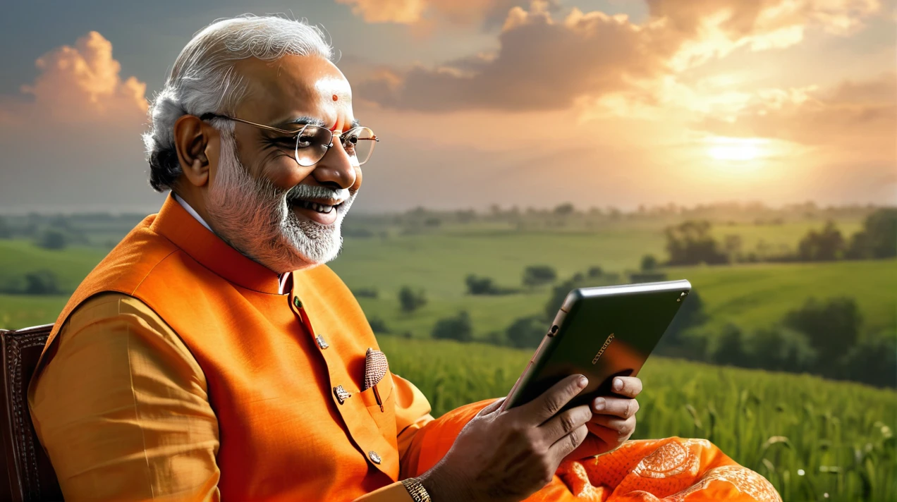 (realistic:1.3), finely detailed, quality, rembrandt lighting, (masterpiece:1.2), (photorealistic:1.2), (best quality), (detailed skin:1.3), (intricate details), dramatic, ray tracing, (Meadow, Sun, Clouds, Field, Farming, Starlight,( sitting ),Prime Minister of india Narendra Modiji dressed up a Orange Kurta and pajama,Smile in face, Playing Free fire on tablet, sitting in the chair and table where Indian flag is sitauted, Ultra quality, show proper details