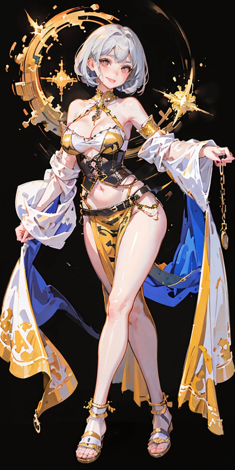 ((BLACK BACKGROUND 1:2, masterpiece)) 1solo female full body MILF BIMBO standing straight symmetrical with two long thighs and two metal sandals, red eyes like rubies, eye focus looking to the viewer, silver white hair, short bob style hair, big knockers breastplate, breastplate, cleavage, tiara royal, long cape up to two feet, yellow bikini (yellow tiger stripes), lustful smirking smiling, smile face (red blushed, red cheeks), pauldrons metal shoulders, gold sleeveless bracelets, separate sleeves, hands on waist hands OR hips, golden bracers, metal handcuffs, leather corset, red loincloth, black leather choker slave collar, shackles bracelets, slave red crest under navel, navel, big belt around waist OR hips, feet together, metal ankle, two long thighs and two metal sandals