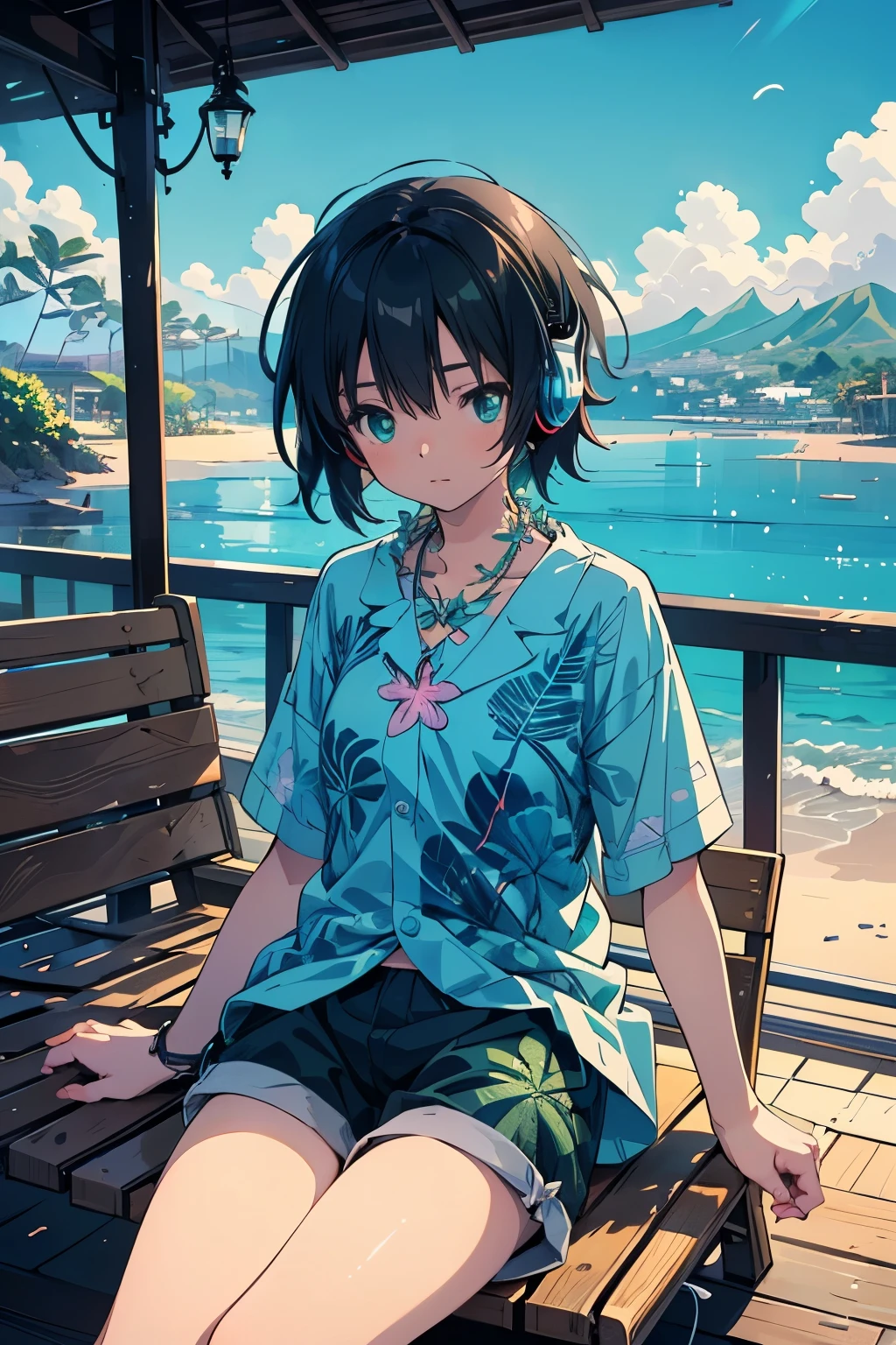 (masterpiece:1.2), (highest quality:1.2), Ultra-high resolution, Super detailed, Perfect Eyes, Perfect Face, Perfect lighting,((Anime girl relaxing on a deck chair with headphones)), ((Eyes closed)),  ((looking away:1.4)), Surreal girl, (one person,Lolita,boyish, , 13 years old:1.3),Full Finger,, Androgynous charm, (Very short hair), Black Hair, Messy Hair, small and soft breasts,Slender body, Small Ass, Small green eyes,Detailed and beautiful eyes, Well-proportioned iris and pupil, Expressive eyes, Beautifully detailed lips, High resolution detailed hair, ((Light green aloha shirt:1.4)),((Black shorts:1.3)),(Gorgeous Aloha shirt), (Fish hook necklace),Ultra-dense skin, Waikiki Beach, ((noon)),coastline, Panoramic View, Gweiz-style artwork, Makoto Shinkai&#39;s art style, lofi portrait, Digital anime art, Makoto Shinkai style, LOFI Girl, Anime-style illustrations, lofi art style, Anime illustration