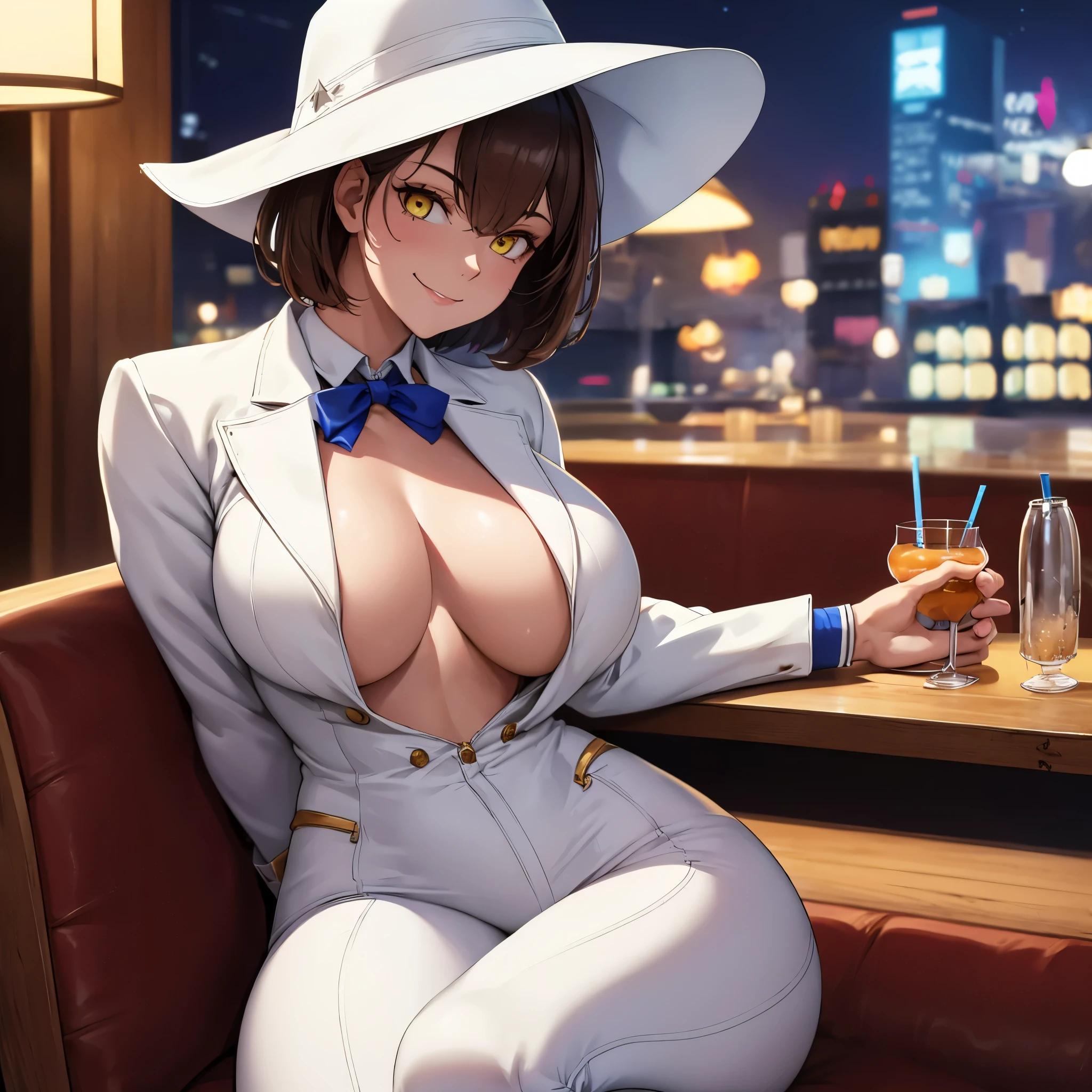 A woman wearing a white suit, white pants, blue shirt, white women's shoes, white cowboy hat, sunglasses, short brown hair, smiling, in a bar at night, luxurious lighting, benches, table, drink in the background, yellow eyes, blur effect deep, big chest..HDR, ultra resolution, well defined, masterpiece, 8K HD. (solo woman)