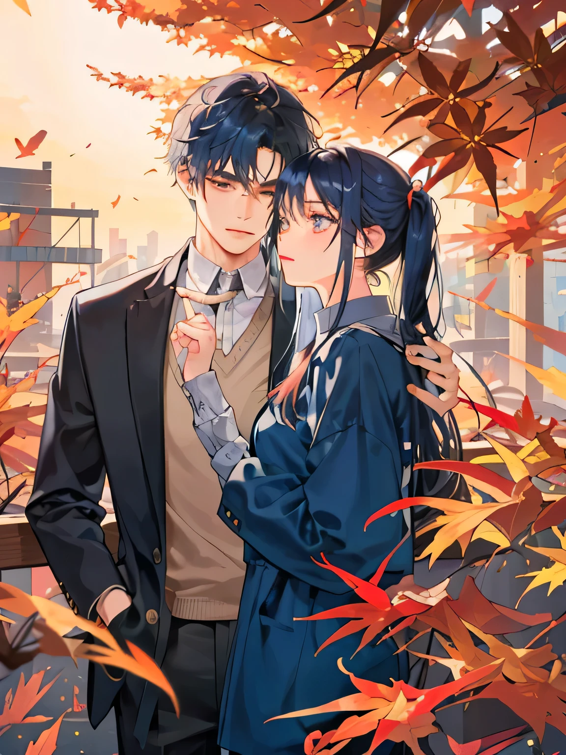 (((masterpiece))),highest quality, autumn,Couple,1 adult male ,1 adult female,Dark Blue Hair ,