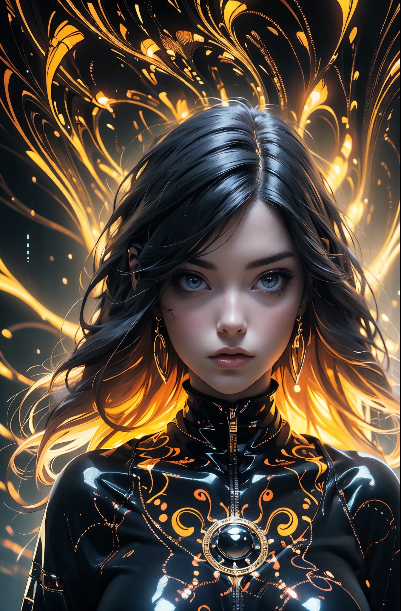 Centered, symmetrical, portrait official art, unity 8k wallpaper, ultra detailed, beautiful and aesthetic, masterpiece, best quality, (zentangle, mandala, tangle, entangle), (fractal art:1.3) , 1girl, extremely detailed, dynamic angle, vivid colours, romanticism, atmospheric, ecstasy of musical notes, streaming musical notes visible. Luminous light. Luminous, 4K, highly detailed Cyberpunk alley at night.