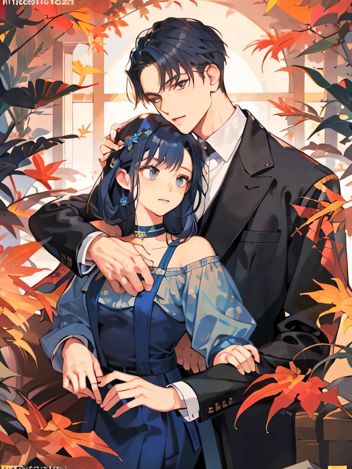 (((masterpiece))),highest quality, autumn,Couple,1 adult male ,1 adult female,Dark Blue Hair ,