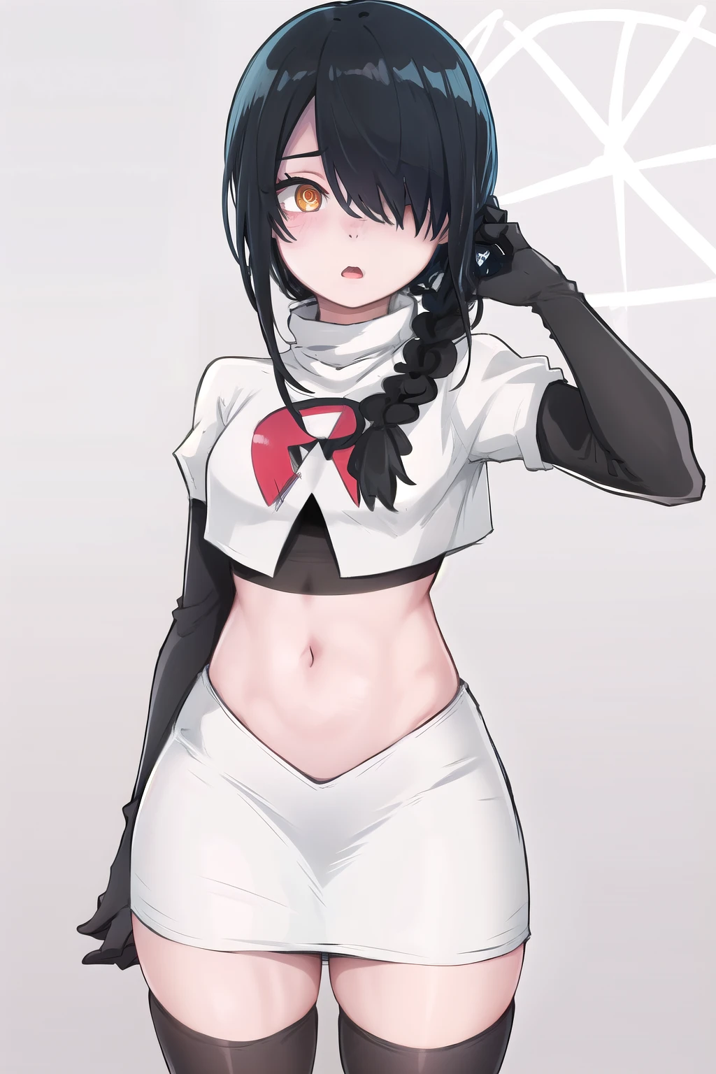 nayuta, ringed eyes, red eyes, single braid, (hair over one eye), black hair, looking at viewer, :o, blush, simple background, team rocket,team rocket uniform,white skirt,red letter R,crop top,black thigh-highs,black elbow gloves